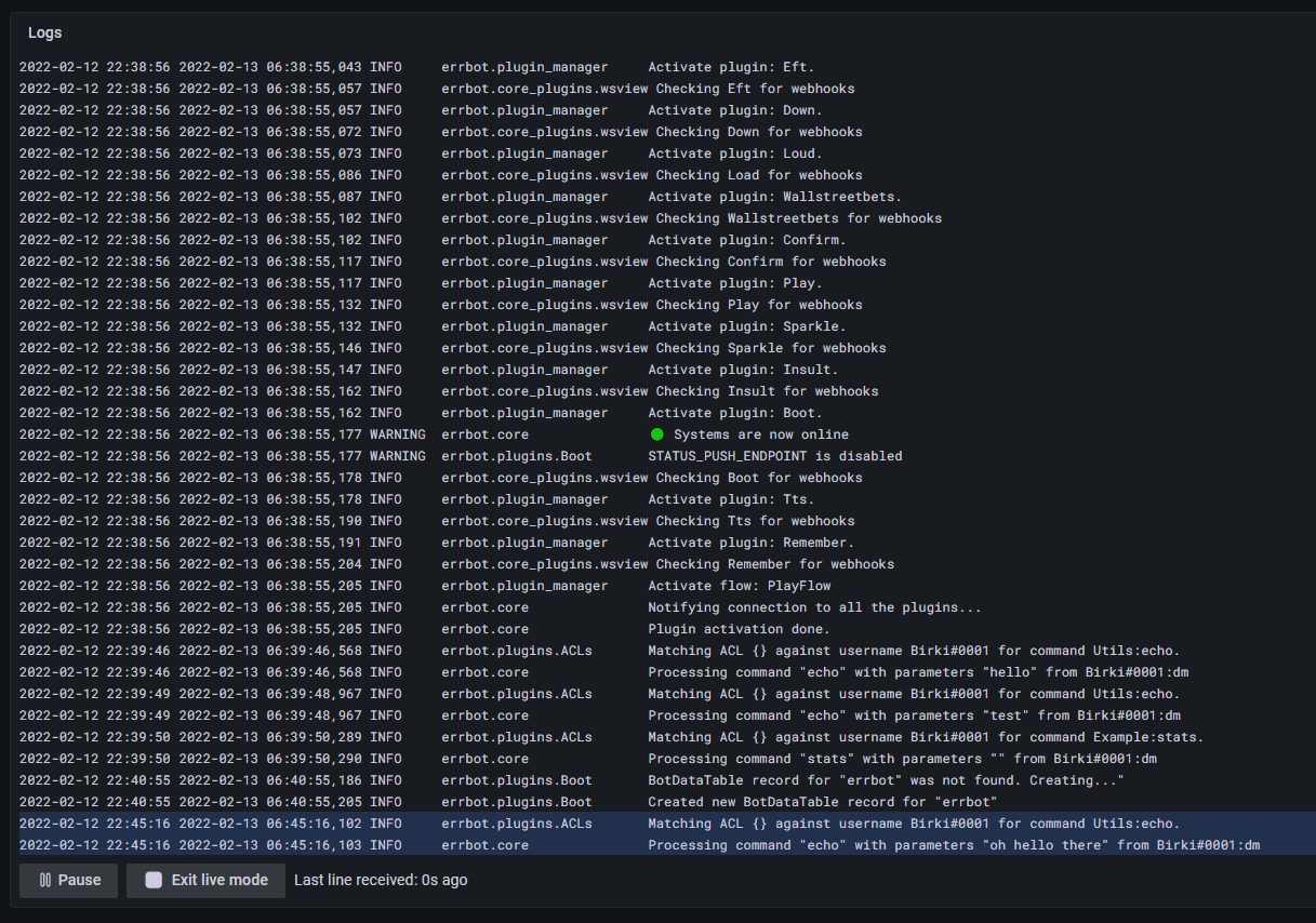 grafana errbot live tail